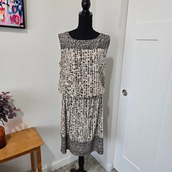 Ellen Tracy Black and Tan Sleeveless Tie Waist Geometrical Midi Dress Large - Picture 1 of 14